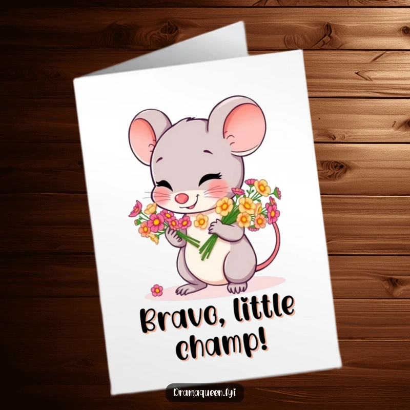 Funny Free Printable Mouse Congratulations Card: A cheerful mouse bows gracefully with a bouquet of flowers, celebrating your win. Downloadable art.