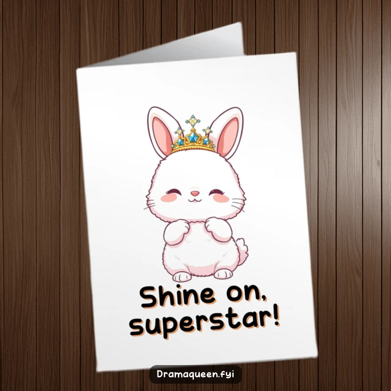 Funny Free Printable Congrats Card: Fluffy bunny wearing a sparkly tiara and striking a pose, exuding confidence and fabulousness.