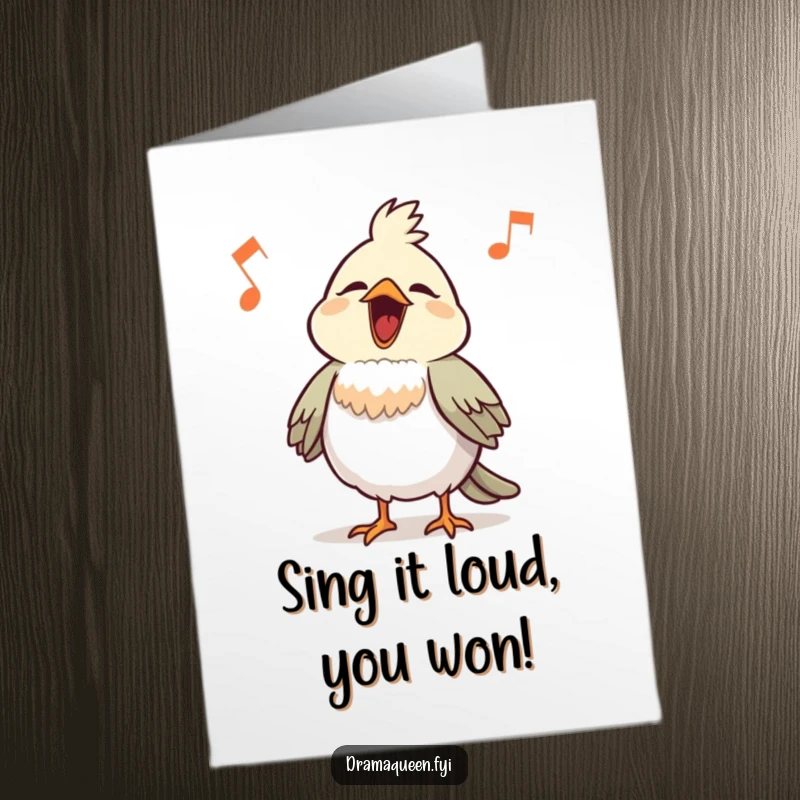 Funny Free Printable Congratulations Card: A proud bird puffing its chest out, belting a comical tune to celebrate a victory.