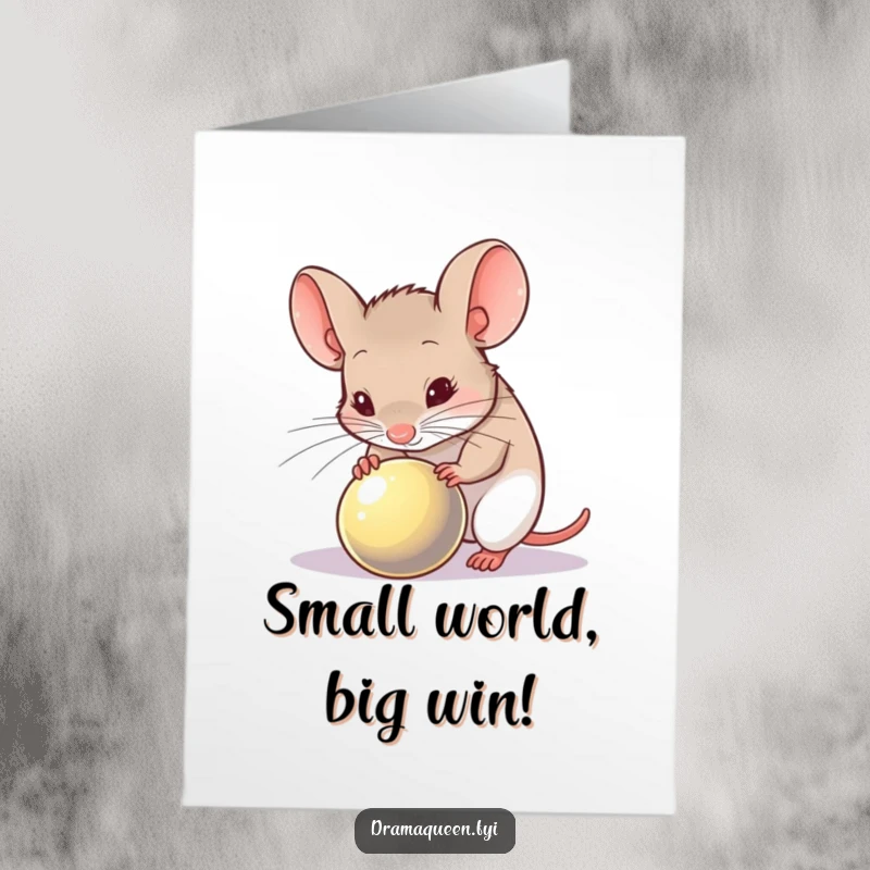 Funny Free Printable Congrats Card: Timid mouse inspecting a shiny object suspiciously, celebrating success, downloadable art.