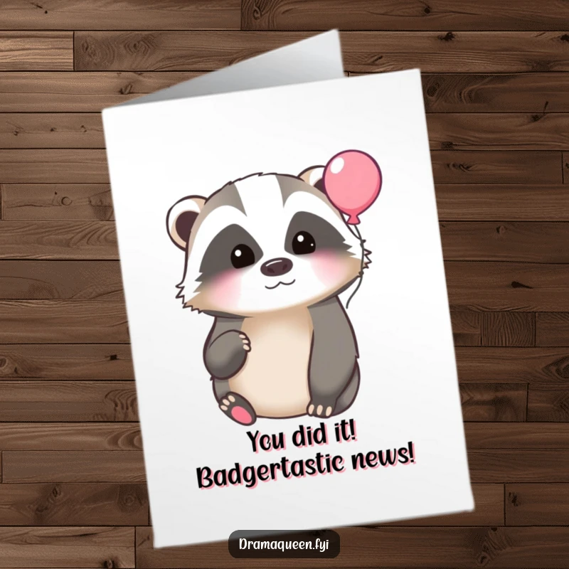 Funny Free Printable Badger Congratulations Card: A thoughtful badger looks up at a floating balloon, celebrating a special achievement.