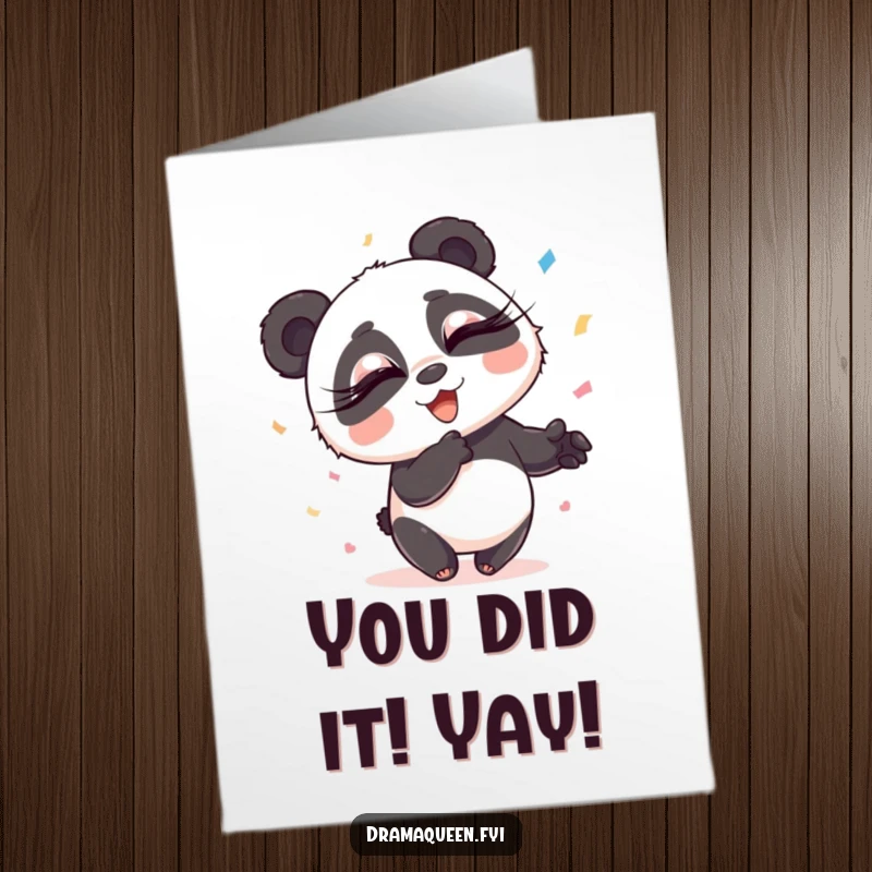 Funny Free Printable Congratulations Card: Panda with long eyelashes showering confetti, celebrating a big achievement.