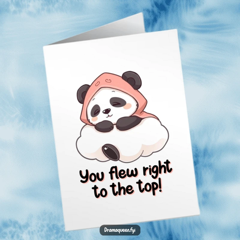 Funny Free Printable Congratulations Card: A contented panda with a tiny cape naps on a fluffy cloud serenely.
