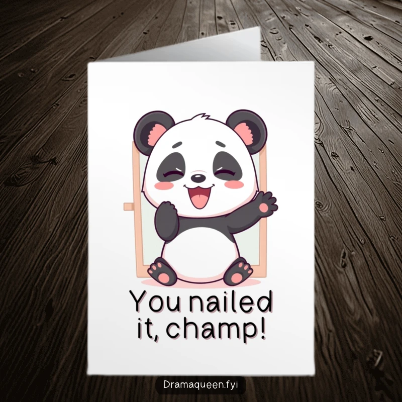 Funny Free Printable Congratulations Card: Panda strikes a dramatic pose in the mirror, celebrating your success.