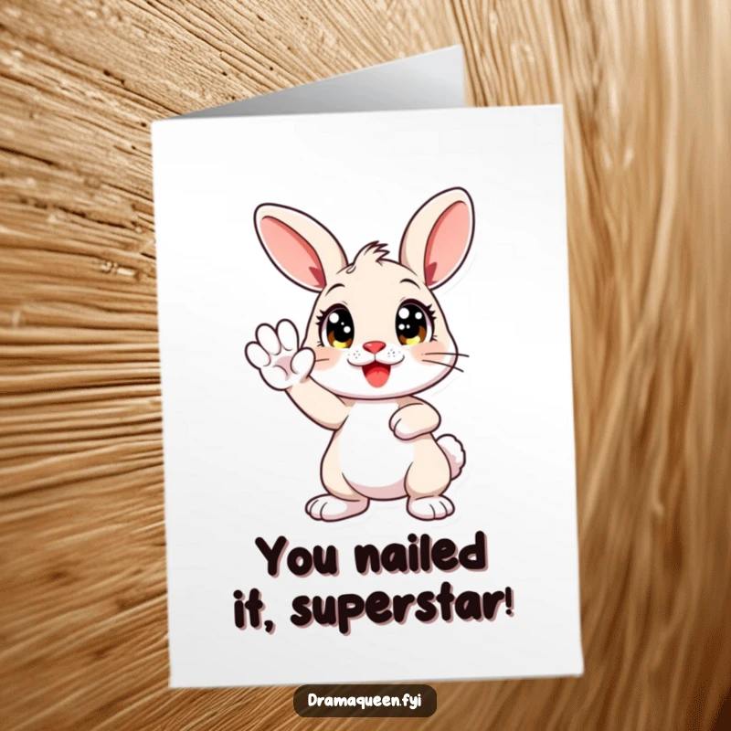 Funny Free Printable Bunny Congratulations Card: A bunny striking a pose with paw high, celebrating your amazing achievement. Downloadable art.