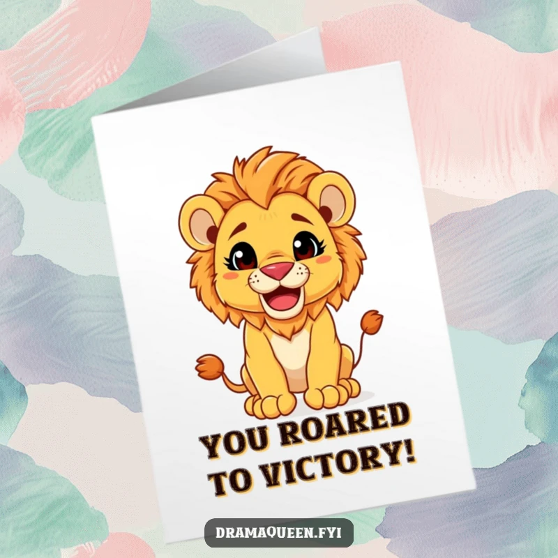 Funny Free Printable Congrats Card: A majestic lion cub strikes a playful pose with a wide, cheeky grin.