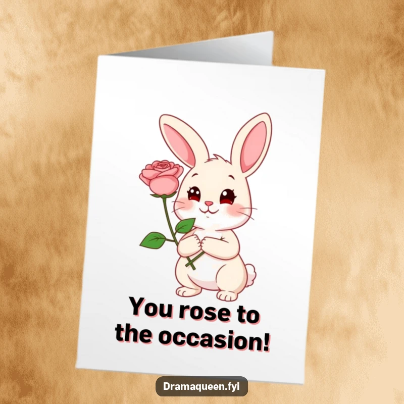 Funny Free Printable Congratulations Card: A happy rabbit holding a large rose, posing with a coy expression to celebrate.