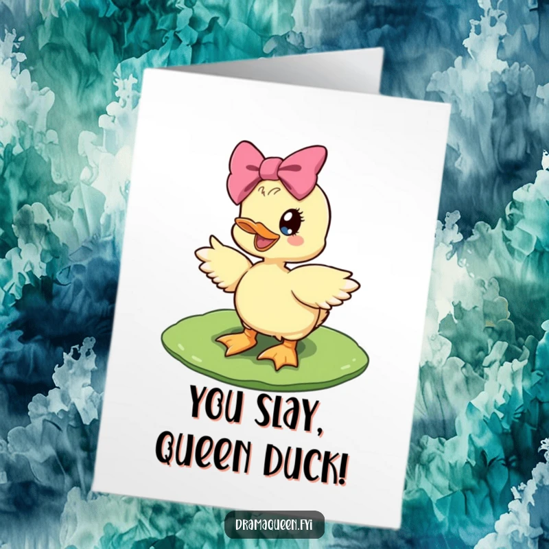 Free Printable Congratulations Card: Diva duckling with giant bow striking a pose on a lily pad.