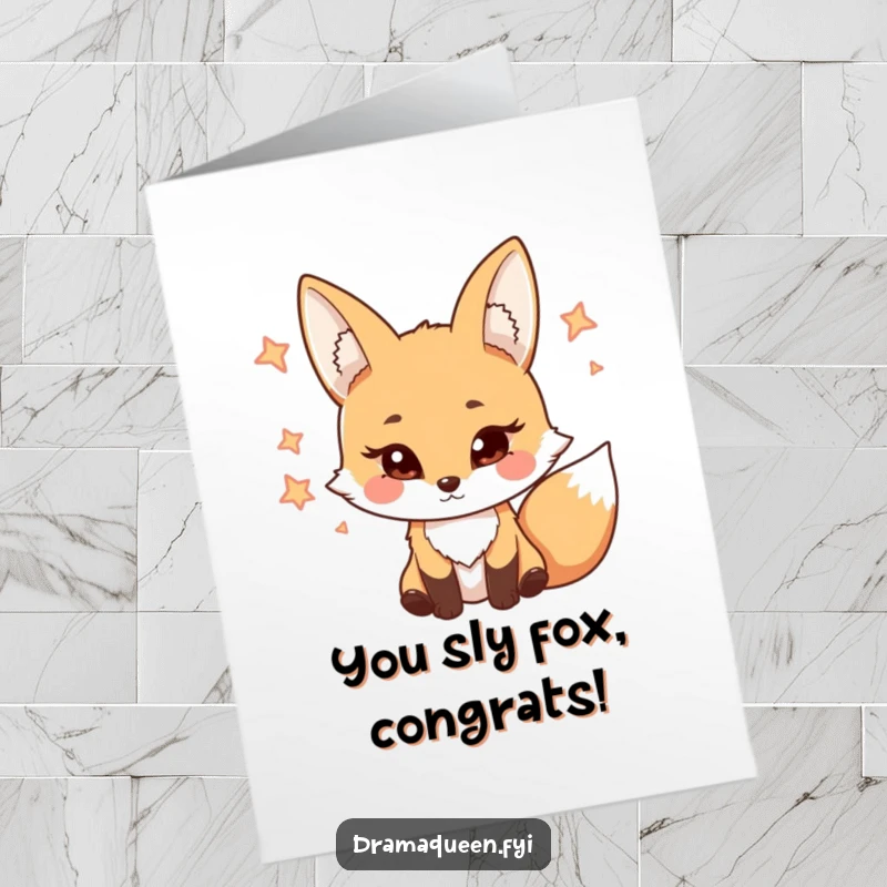 Funny Free Printable Congratulations Card: A coy fox character with a mischievous grin bats its eyelashes flirtatiously.