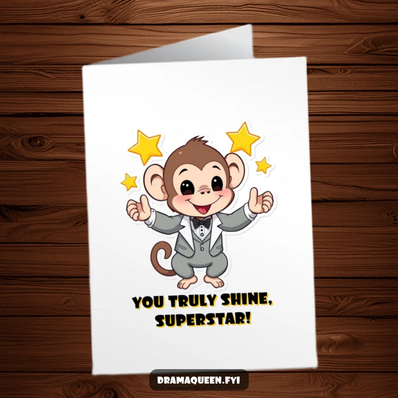 Funny Free Printable Congratulations Card: A playful monkey in a tuxedo juggles three shining stars impressively.