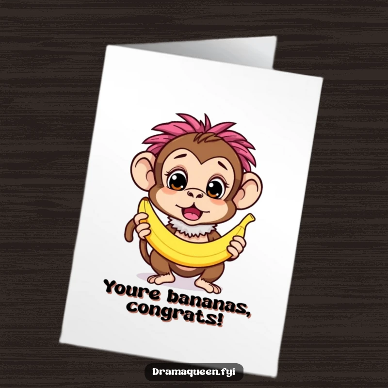 Funny Free Printable Congrats Card: A curious monkey wearing a feather boa looks surprised holding a banana, celebrating achievement.