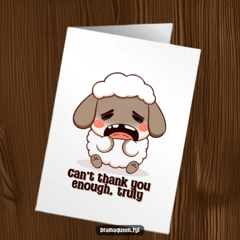 Funny Free Printable Thank You Card featuring a humorous sheep character pretending to faint with an exaggerated expression of thanks.