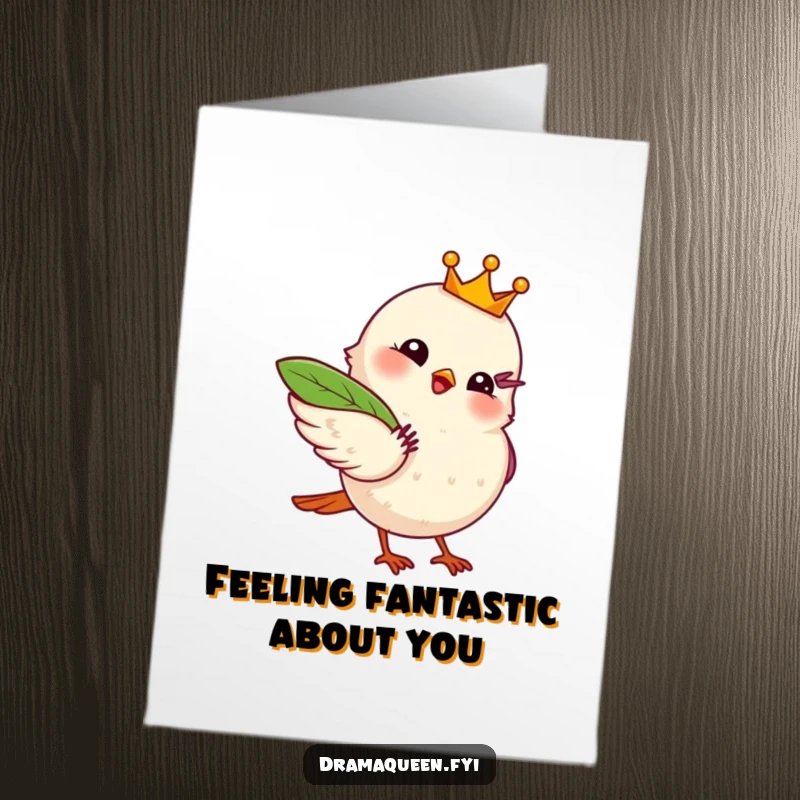 Funny Free Printable Thank You Card: Bird with crown fans itself dramatically with a leaf, showing chic gratitude.
