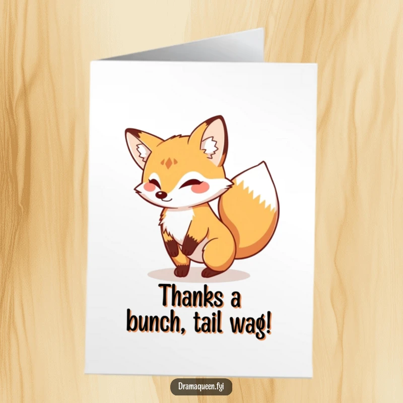 Funny Free Printable Thank You Card: Proud fox swishing tail, expressing thanks, perfect downloadable gift.