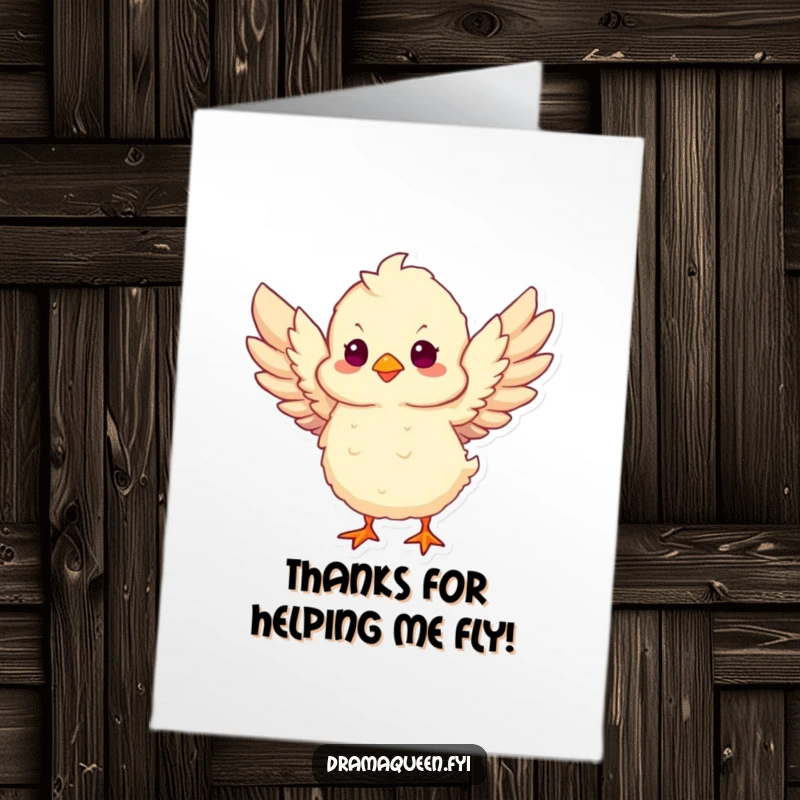 Funny free printable thank you card: A fluffy chick flaps its wings with enthusiasm, ready to deliver a heartfelt thank you.