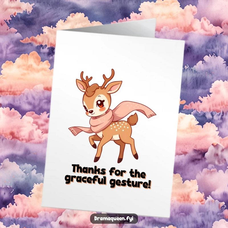 Funny free printable thank you card: A graceful deer with a gentle smile twirls softly, scarf shimmering, offering a heartfelt thank you.