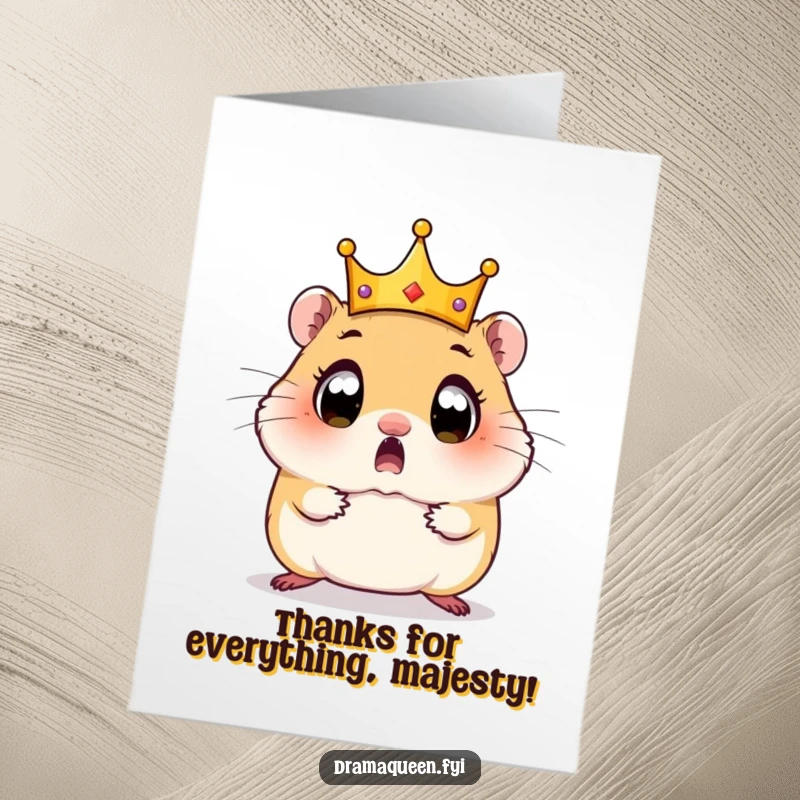 Funny Free Printable Thank You Card: A surprised hamster with wide eyes watches its small crown tumble, a cute way to say thanks.