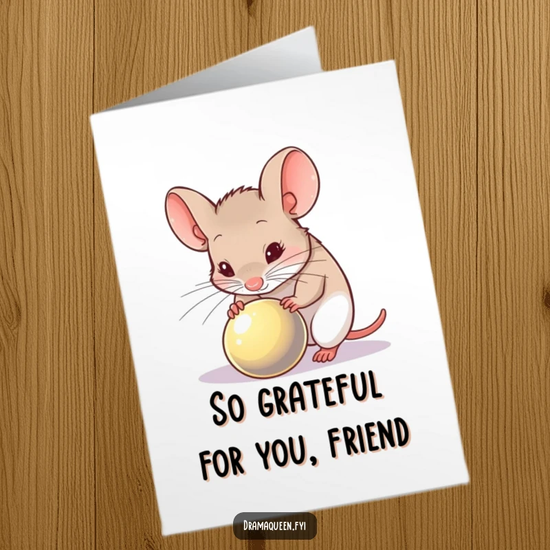 Funny Free Printable Thank You Card: Timid mouse inspects shiny object suspiciously, expressing thanks, perfect downloadable gift.