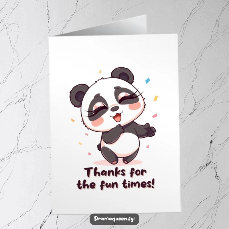 Funny Free Printable Thank You Card: Panda with long eyelashes enthusiastically throwing confetti to show thanks.