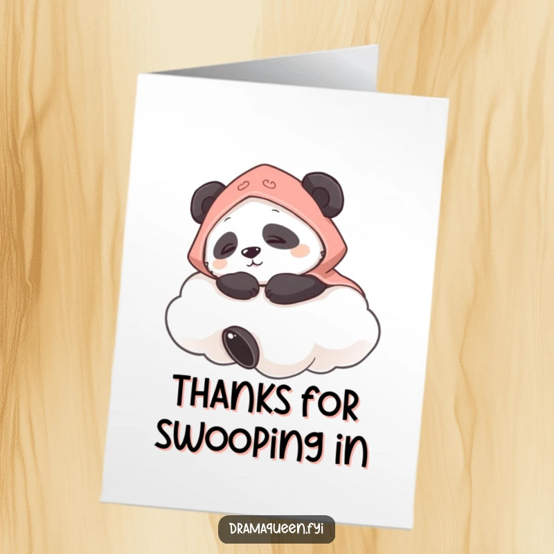 Funny Free Printable Thank You Card: A contented panda with a tiny cape naps on a fluffy cloud thankfully.