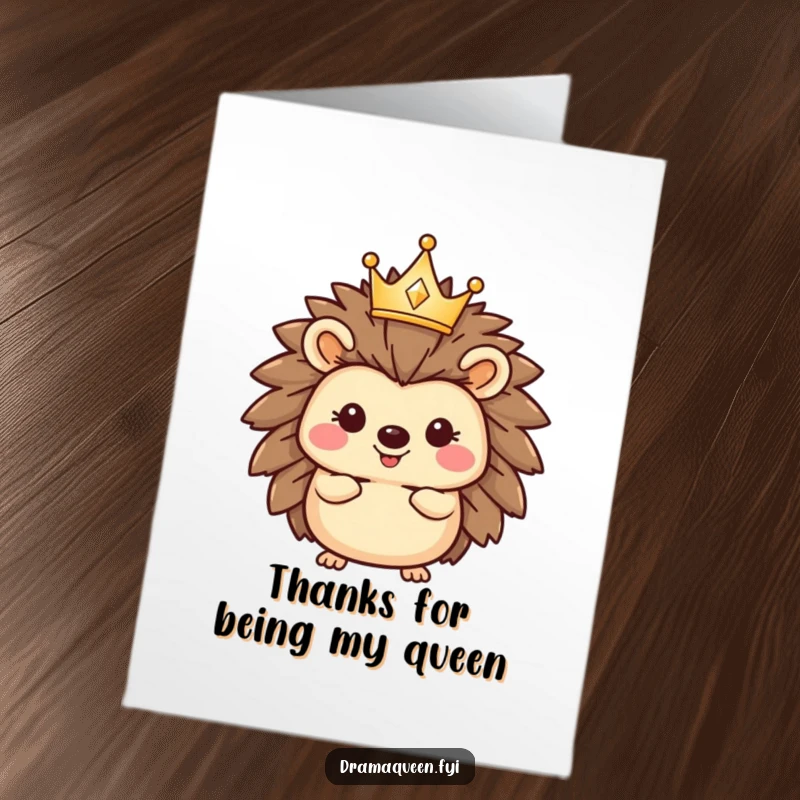 Funny Free Printable Thank You Card: A joyful hedgehog wears a tiny, sparkling crown, perfect for a grateful message.