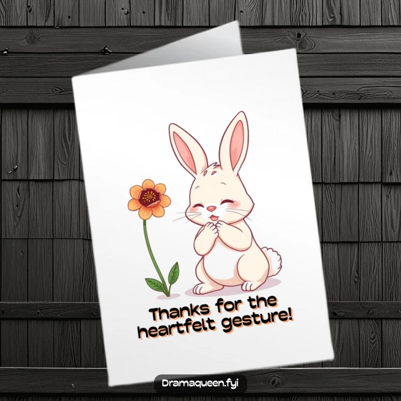Funny Free Printable Thank You Card: a bunny clutching its chest in mock despair while looking at a wilting flower, expressing thanks.