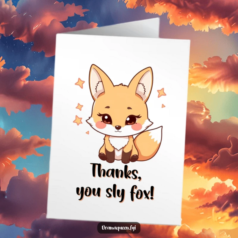 Funny Free Printable Thank You Card: A coy fox batting its eyelashes charmingly, expressing thanks with a sly smile.
