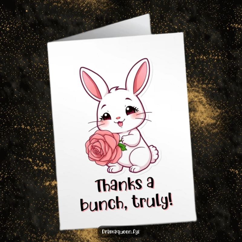 Funny Free Printable Thank You Card: A rabbit holding a large rose with a coy expression, expressing thanks.