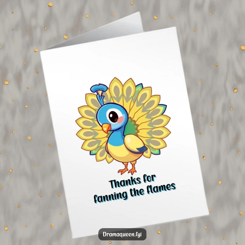 Funny Free Printable Thank You Card: A stylish peacock elegantly fans its enormous, vibrant tail feathers.