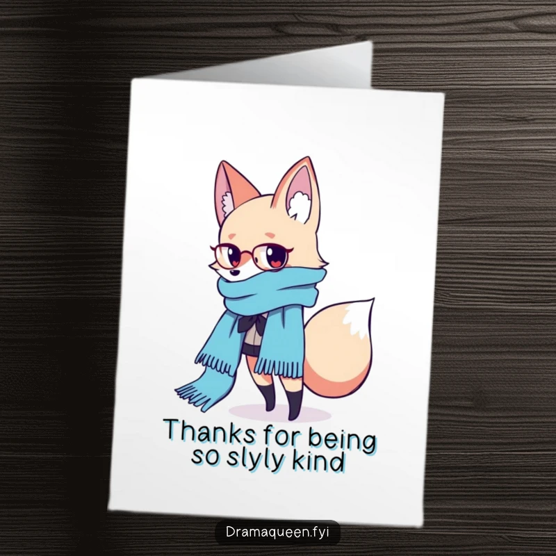 Funny Free Printable Thank You Card featuring a fashionable fox character striking a graceful pose with a long, flowing scarf.
