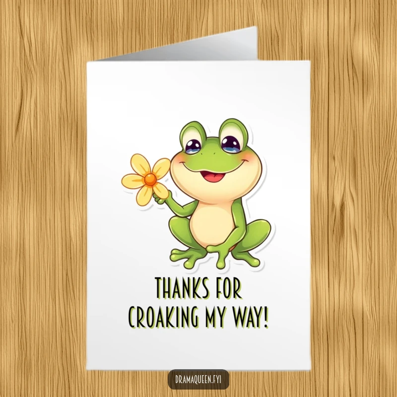 Funny Free Printable Thank You Card: A joyful frog with a goofy smile posing dramatically next to a beautiful flower.