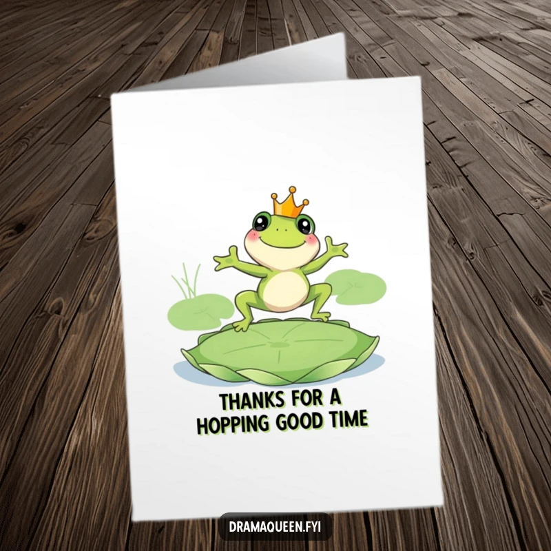 Funny Free Printable Thank You Card A smiling frog king leaps onto a lily pad with gratitude.
