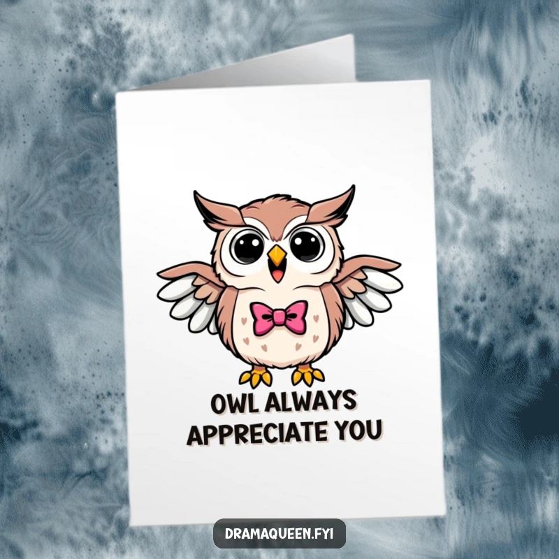 Funny Free Printable Thank You Card: Triumphant owl wearing a bowtie hoots loudly, wings outstretched to express thanks.