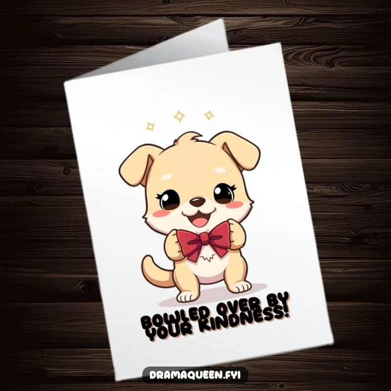 Funny Free Printable Thank You Card: A gleeful dog taking a theatrical bow, expressing sincere thanks with a happy smile. A cute and funny design.
