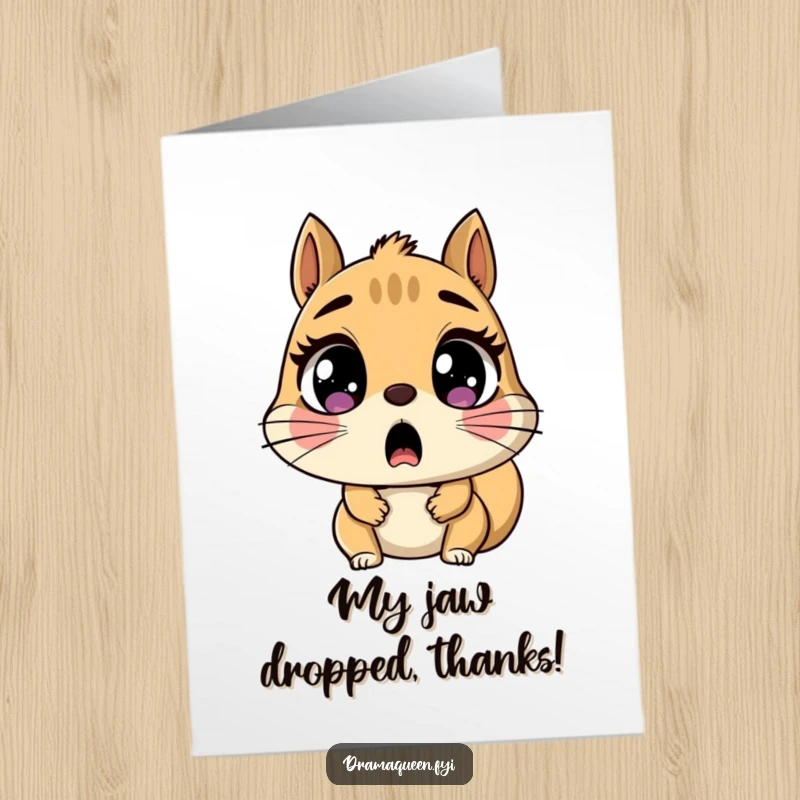 Funny Free Printable Thank You Card: A squirrel looking utterly shocked with wide-open eyes and mouth, expressing surprise thanks. Amusing design.