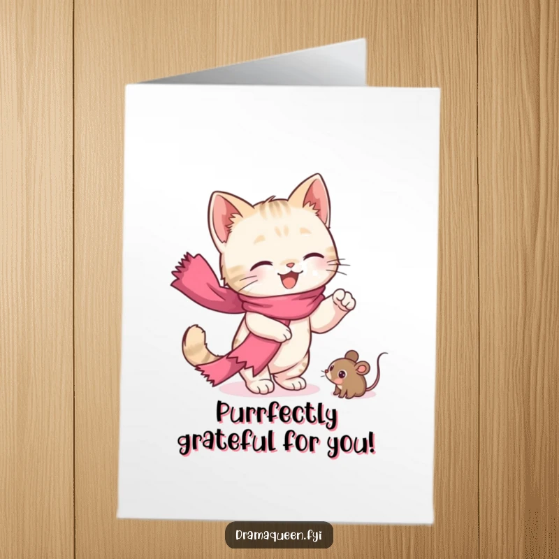 Funny Free Printable Thank You Card: A kitten in a pink scarf reaching for a toy mouse, expressing thanks.