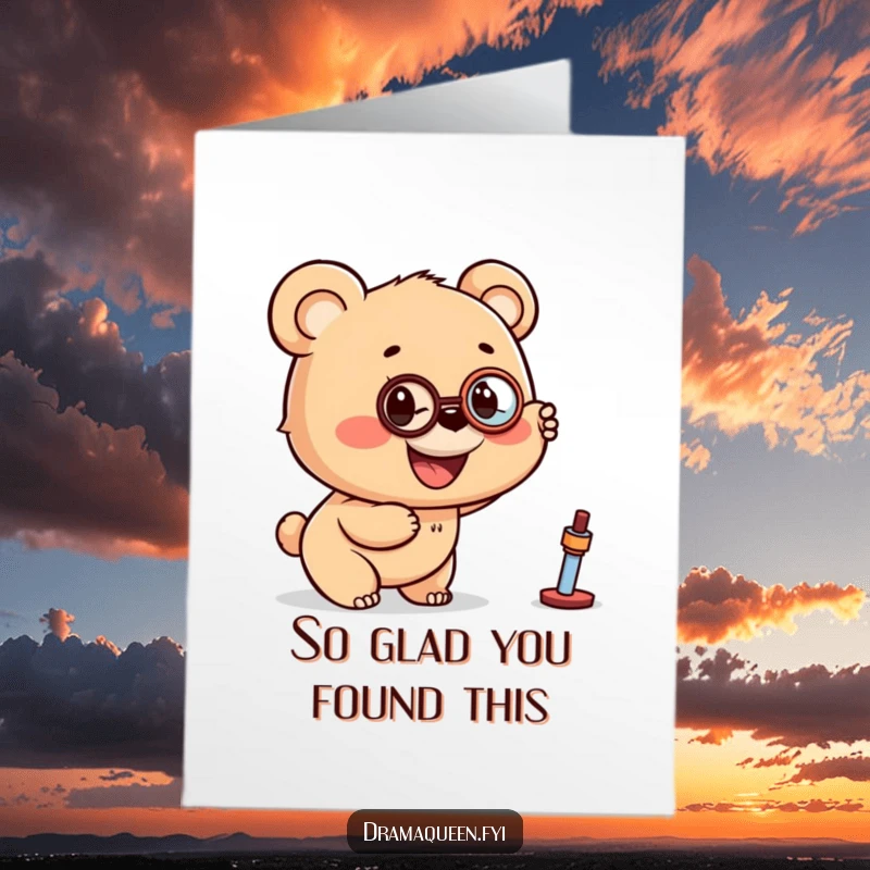 Funny Free Printable Thank You Card: Bear cub wearing a monocle points excitedly, expressing thanks with wonder.