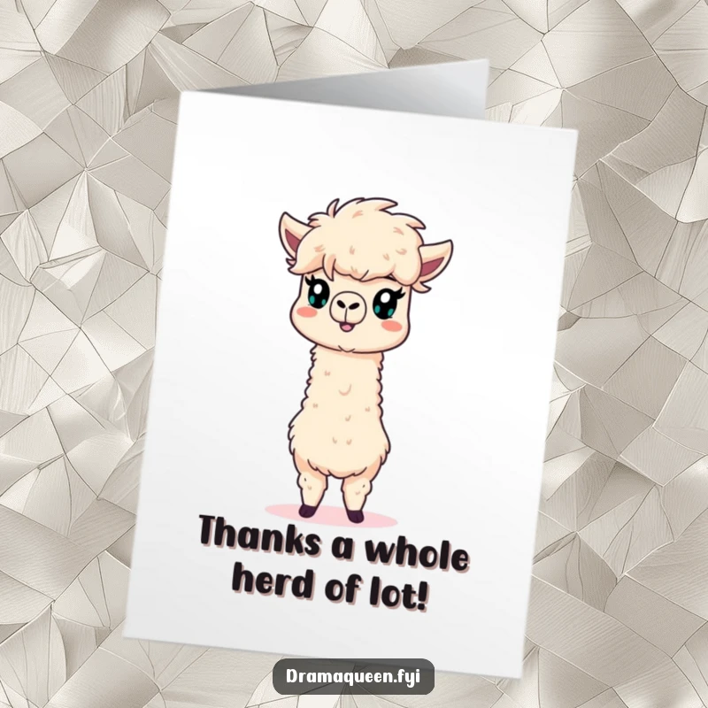 Funny Free Printable Thank You Card: Elegant Alpaca striking a fabulous pose, offering thanks with a humorous flourish.