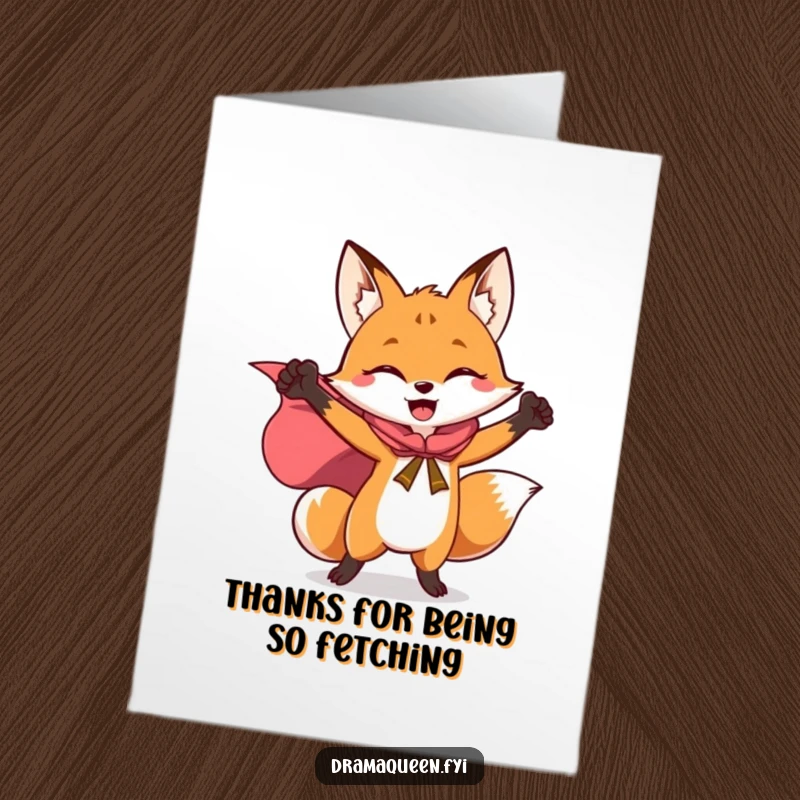 Funny Free Printable Thank You Card: Joyful fox in a cape striking a triumphant pose, thanking you.