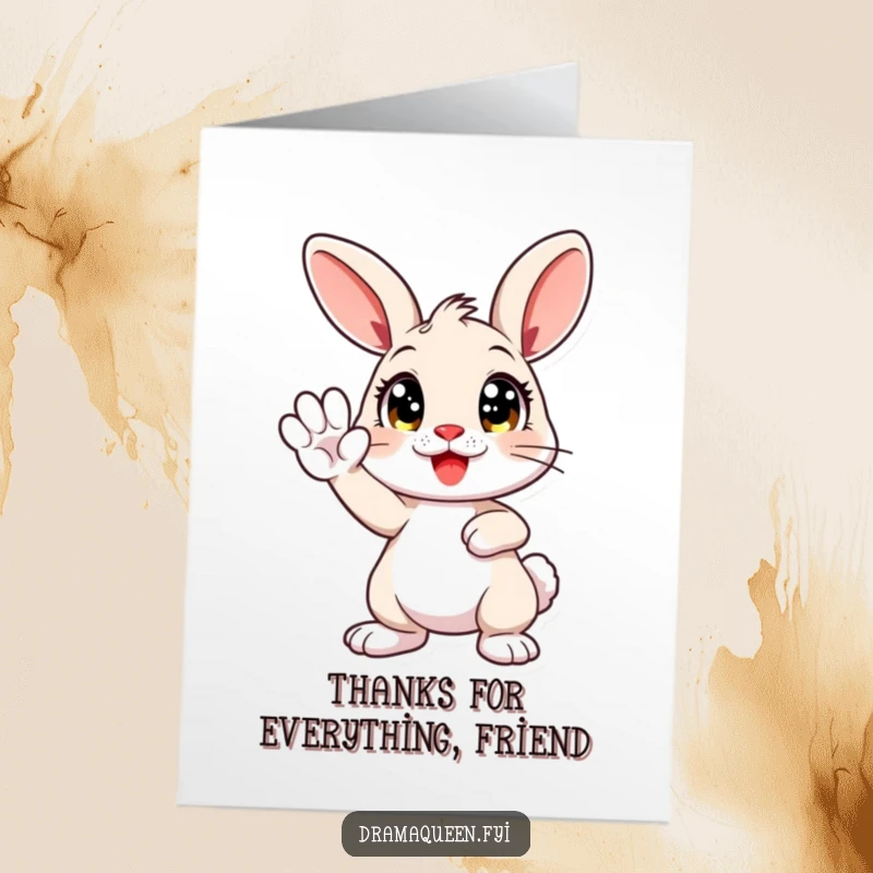 Funny Free Printable Bunny Thank You Card: A cheerful bunny striking a pose with a paw held high, saying thanks. Easy downloadable art.
