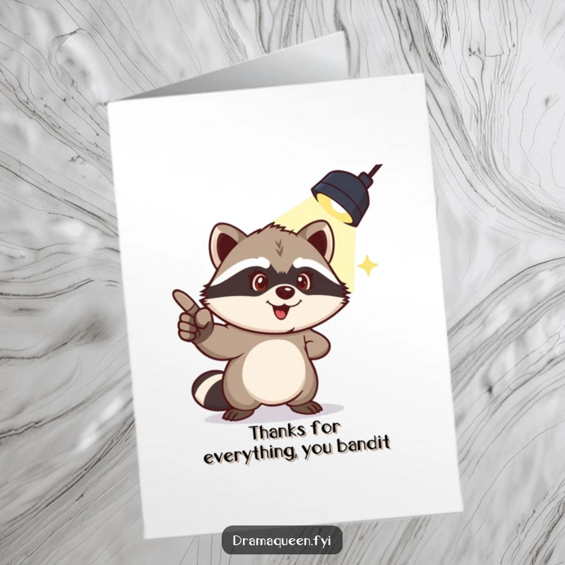 Funny free printable thank you card with a mischievous raccoon pointing to a spotlight, a unique and downloadable way to express thanks.