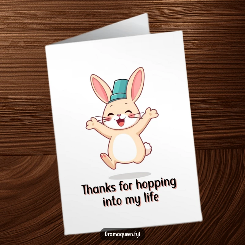 Funny Free Printable Thank You Card: A very happy rabbit wearing a fancy hat jumps with gratitude.