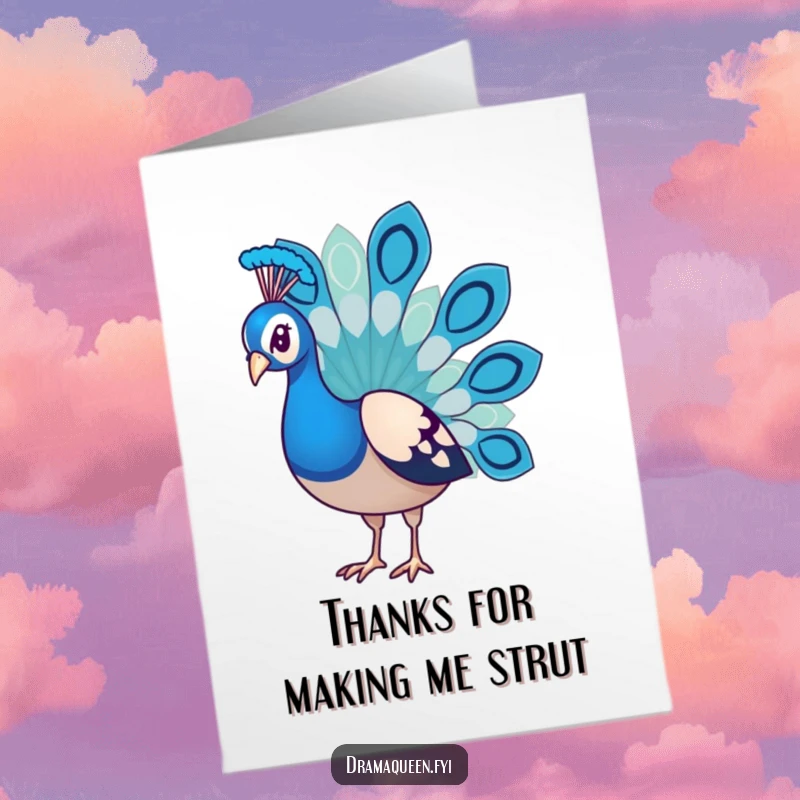 Funny Free Printable Thank You Card: A peacock with droopy feathers striking a dramatic, sad pose, perfect for expressing thanks.