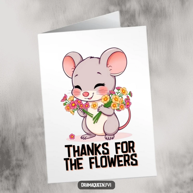Funny Free Printable Mouse Thank You Card: A cheerful mouse bows gracefully with a bouquet of tiny flowers, offering thanks. Easy downloadable art.