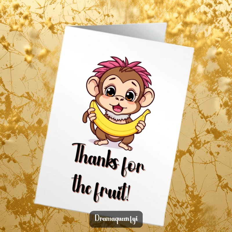 Funny Free Printable Thank You Card: A curious monkey in a feathery boa strikes a surprised pose with a banana to say thanks.