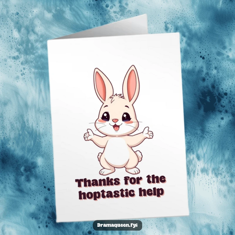 Funny free printable thank you card of a playful bunny striking a dramatic pose, ears perked, conveying upbeat thanks.