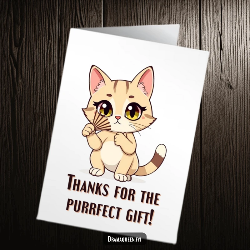 Funny Free Printable Thank You Card: A stylish cat dramatically fans herself, conveying a grand, theatrical thank you with wide eyes.