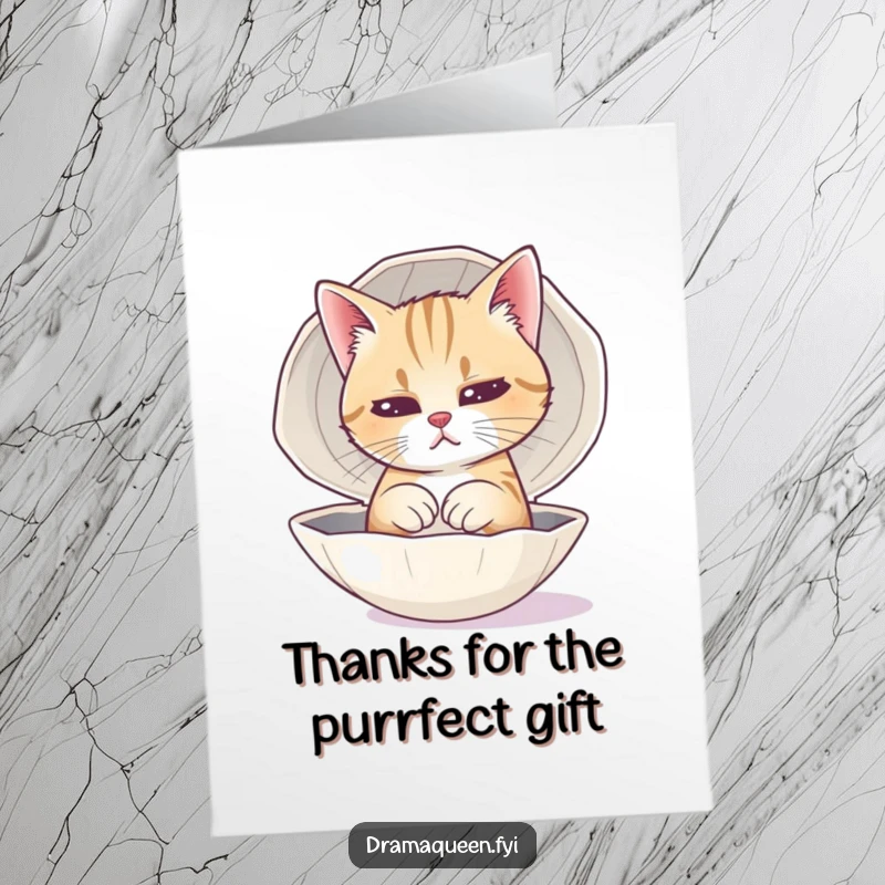 Funny Free Printable Thank You Card: A cat dramatically practicing a sad face in a polished seashell, a unique thank you.