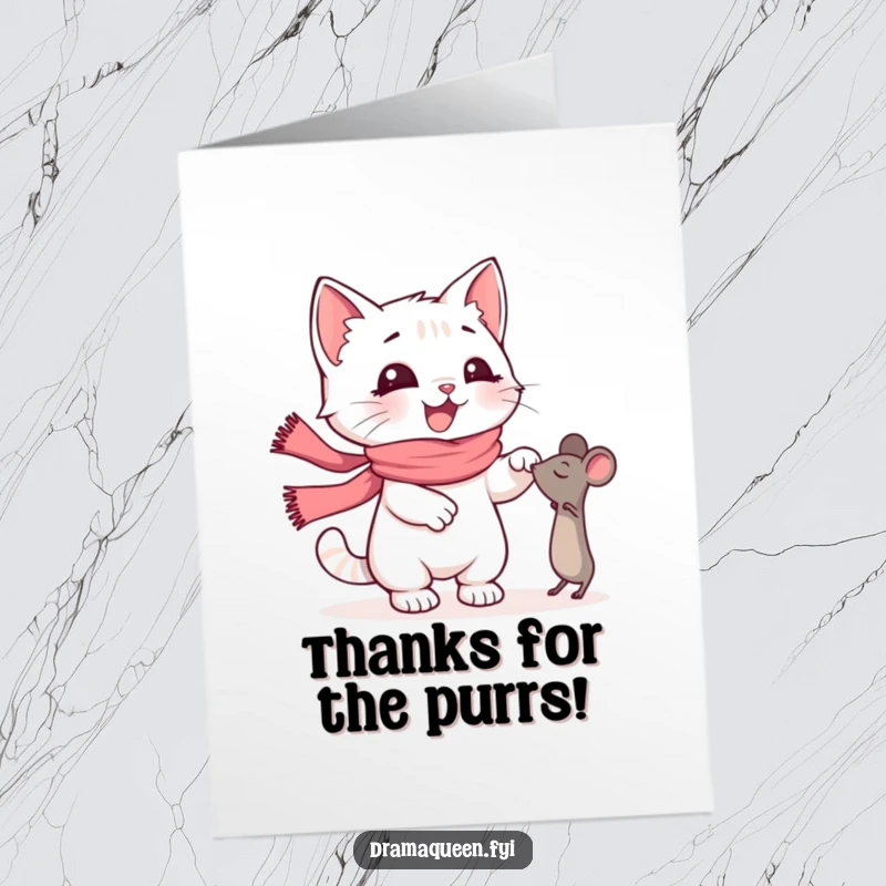 Funny Free Printable Thank You Card: Cute kitten with a pink scarf, dramatically reaching for a toy mouse to say thanks.