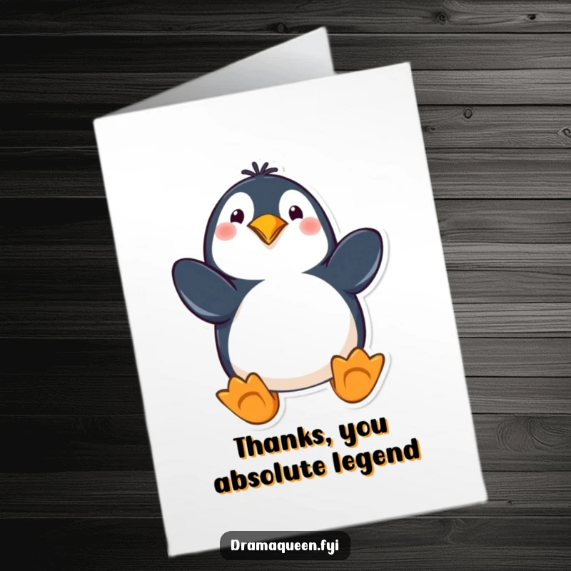 Funny free printable penguin thank you card, striking a dramatic pose with flippers out, expressing cheerful gratitude.